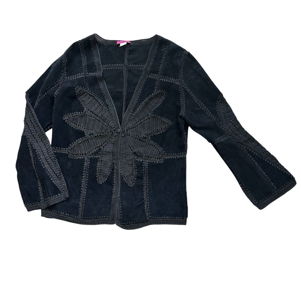 Black Leather cardigan with Intricate‎ Stitching